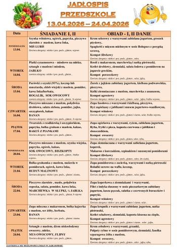 JADŁOSPIS PRZEDSZKOLE 13.04-24.04.2026