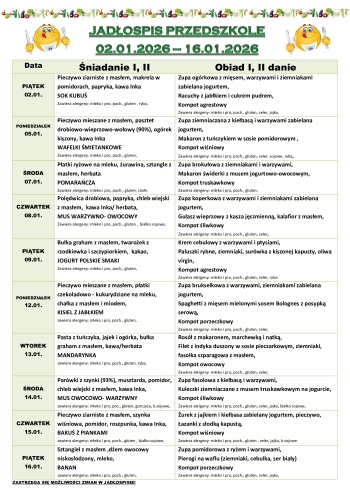 JADŁOSPIS PRZEDSZKOLE 02.01-16.01.2026