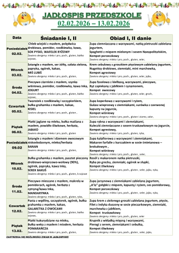 JADŁOSPIS PRZEDSZKOLE 02.02.-13.02.2026